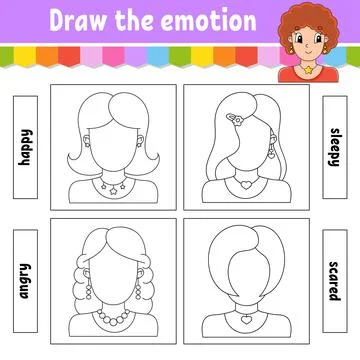 Draw the emotion. Worksheet complete the face. Coloring book for kids. Cheerf Stock Illustration