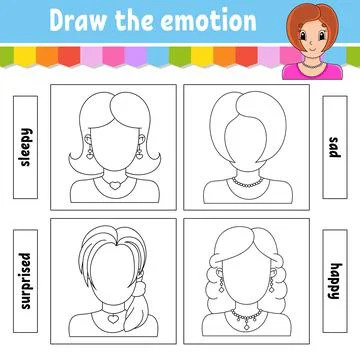 Draw the emotion. Worksheet complete the face. Coloring book for kids. Cheerf Stock Illustration