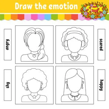 Draw the emotion. Worksheet complete the face. Coloring book for kids. Cheerf Stock Illustration