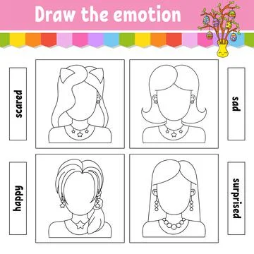 Draw the emotion. Worksheet complete the face. Coloring book for kids. Cheerf Stock Illustration
