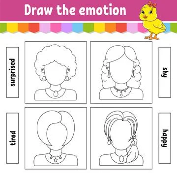 Draw the emotion. Worksheet complete the face. Coloring book for kids. Cheerf Illustrazione stock