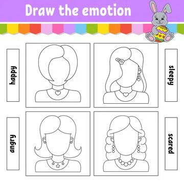 Draw the emotion. Worksheet complete the face. Coloring book for kids. Cheerf Stock Illustration