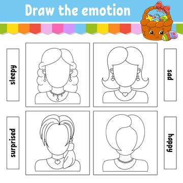 Draw the emotion. Worksheet complete the face. Coloring book for kids. Cheerf Stock Illustration