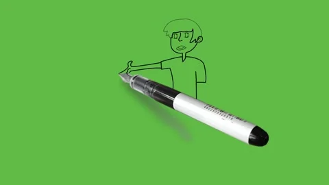 Draw emotional boy hold left arm down wear green t-shirt, black trouser Video stock 222549417
