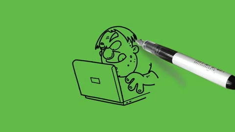 Draw fat bald gentleman doing work on laptop with black outline on green back Video stock 284924837