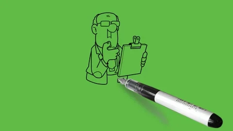 Draw fat man hold his right hand on chin and read documents clip on paperboard Stock Footage 247399889