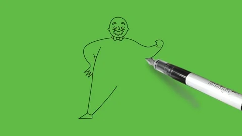 Draw fat man hold right hand on hip and left arm open wear blue shirt, trouser Vidéo 222548917