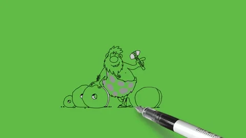 Draw fat man stand with support of stone in hilly area carry hummer in his hand Vidéo 289289272