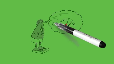 Draw fat man on weighing machine keep index finger on lips and hand on tummy Video stock 293498385