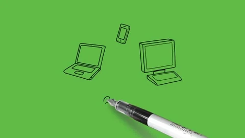 Draw four electric devices like mobile, laptop etc connected with red broad line Видео 247399240