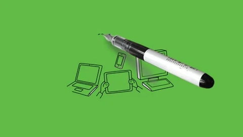 Draw four electric devices like mobile, laptop, computer, tablet connected Video stock 247399271