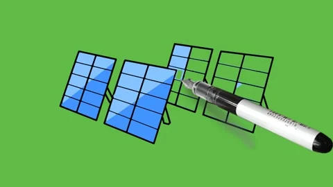 Draw four large size solar panels in rectangle shape and blue color with black Vidéo 237374312