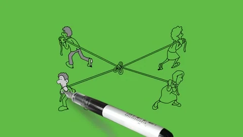 Draw four person pull rope in four different direction tie in one place Vidéo 296586396