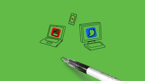 Draw four working electric device like laptop, computer, tablet and smart phone Video stock 244797008