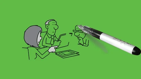 Draw four young men and woman of round nose sit on chair discuss on one table Vidéo 237374695
