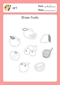 Draw fruit along the dotted line in art subject exercises sheet kawaii doodle ve Stock Illustration