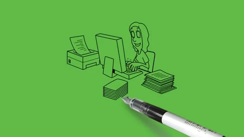 Draw girl sit do work on computer place on table with printer and heap of files Video stock 286339680