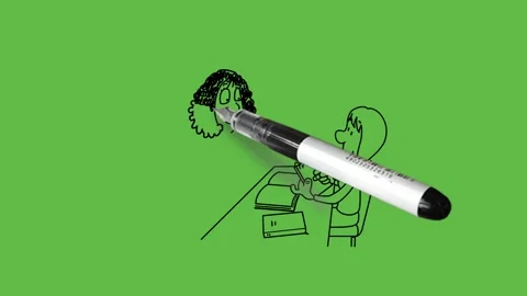 Draw girl write on diary, huge laughing cartoon character stand in front of her Video stock 247399611
