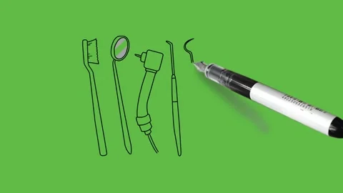 Draw group of dental instruments with black outline on abstract green screen Vidéo 284924998
