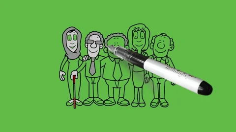 Draw group of five people include blind man standing together happily Video stock 237372969