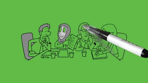 Draw group of four people sit on chair discuss on table and write on notebook Video stock 236228447
