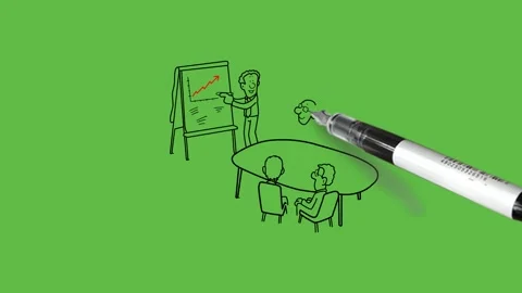 Draw group of four people sit on chair and expert give red graph Video stock 237372946