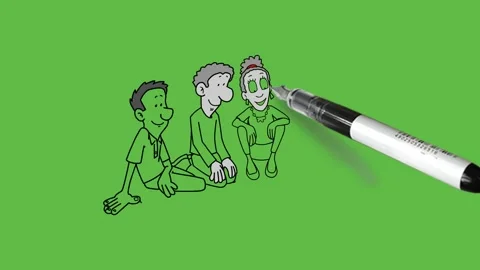 Draw group of four people sit together on floor and play with little kid 動画素材 237374156