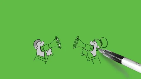 Draw group of four person make announcement with loudspeaker loudly Vidéo 295929597