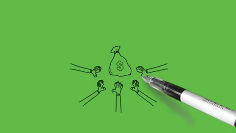 Draw group of nine hand try to pick string pouch full of currency with outline Stock Footage 249915085