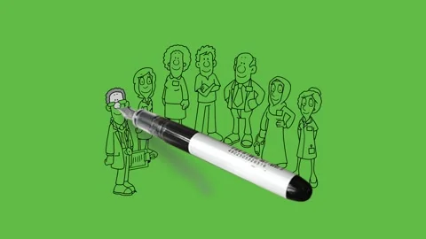 Draw group of seven people two young doctors stand with yellow stethoscope Video stock 237373161