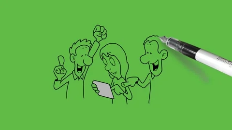 Draw group of three person work on tablet and pointed with index finger Video stock 247399578
