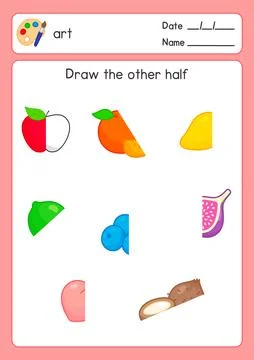 Draw half of the remaining fruit in art subject exercises sheet kawaii doodle ve Illustrazione stock