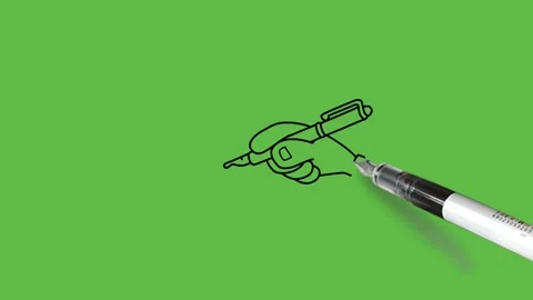 Draw hand of man write with pen on notebook with black outline on green back Video stock 236228090