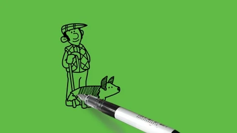 Draw herder-man walking with support of stick for grazing goat, sheep, dog etc Видео 247399746