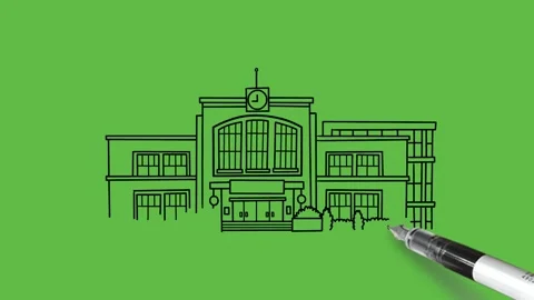Draw huge building of school of learning with black outline on abstract green Video stock 244796796
