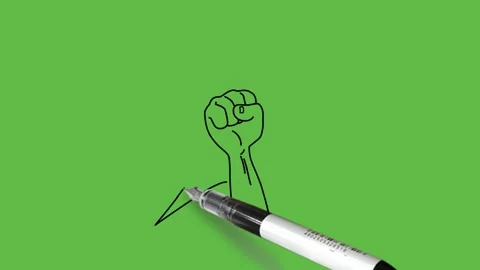 Draw human hand and arm with fist surrounded by star with black outline on green Video stock 282090346