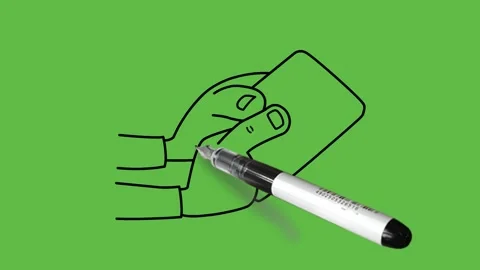 Draw human hand hold mobile with black outline on abstract green screen back Video stock 244796688