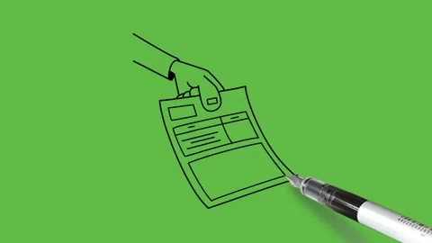 Draw human hand hold rectangle written paper show to others with black outline Stock Footage 247399363