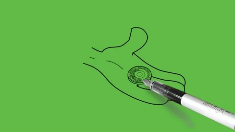 Draw human hand keep two POUNDS coin in round shape on palm with black outline Видео 294178108