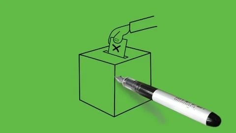 Draw human hand put ballot paper in box with black outline on abstract green Видео 244795496
