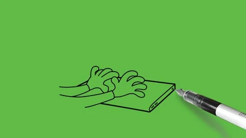 Draw human hand working on laptop with black outline on abstract green screen Video stock 244797179