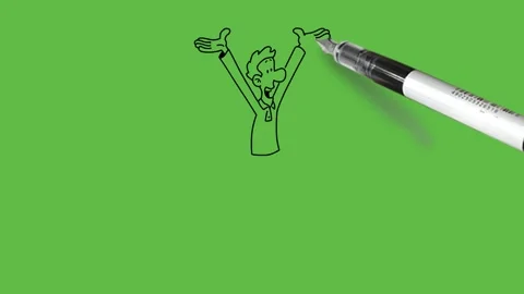 Draw jumping young man in air with arms outstretched upward with excitement Video stock 253799530