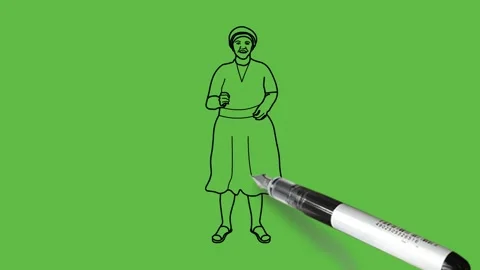 Draw lady fold her arms from elbow wear frock, blue cap and grey footwear Stock Footage 219571053