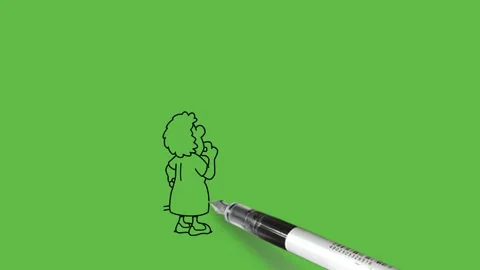 Draw lady standing see upside at roof keep left hand on hip and index finger Stock Footage 252481682