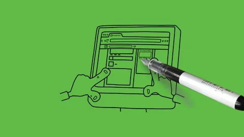 Draw laptop working display screen with black outline on abstract green back Vidéo 244795578