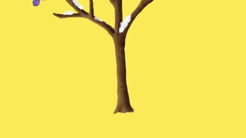 Draw leafless tree of purple flower decorate with green leaf on yellow back Video stock 318348374