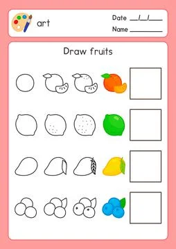 Draw the line follow example fruit and coloring in art subject exercises sheet k Illustrazione stock