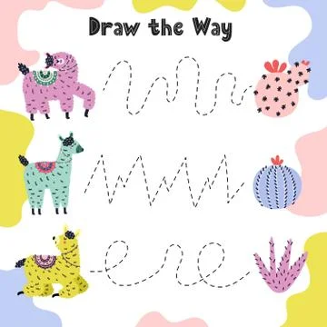Draw the line from llama to cacti. Funny tracing practice Stock Illustration