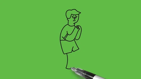 Draw little boy bend his back fold hands upside wear red t-shirt, grey knicker 動画素材 226591802