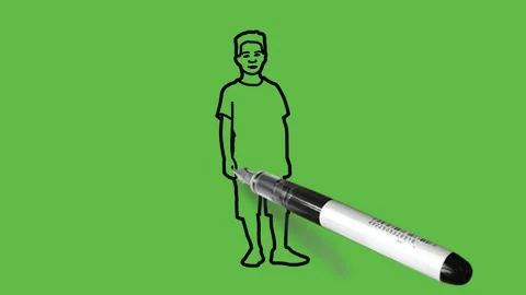 Draw little boy hold hands and arms down wearing blue t-shirt, knicker, footwear 動画素材 226594402